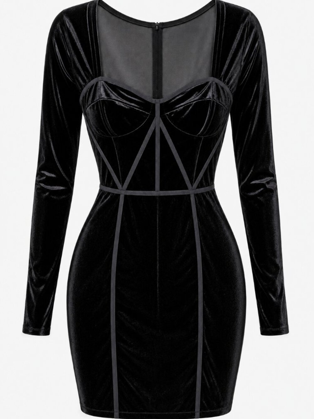 Black Velvet Corset Detail Mini Dress Long Sleeve Gothic Y2K XL